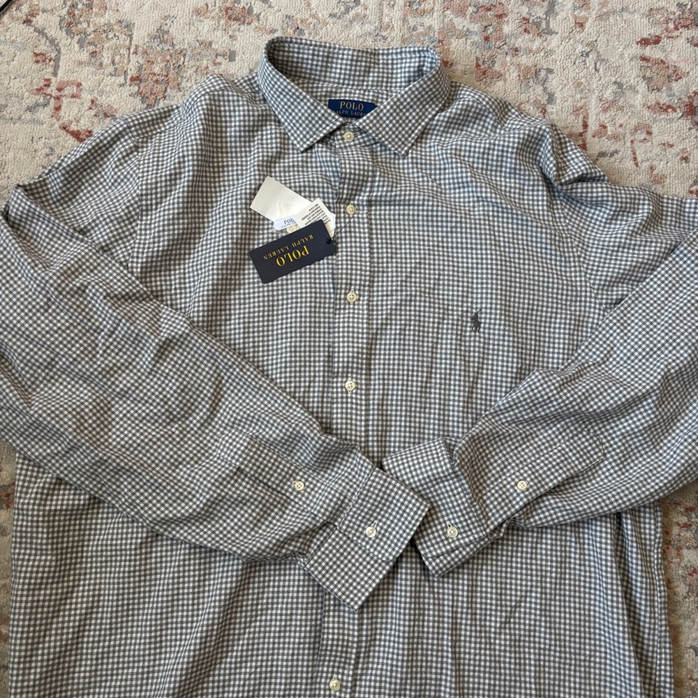 NWT Polo Ralph Lauren Button Down Long Sleeve 2XLT Men’s Plaid Cotton Shirt Gray